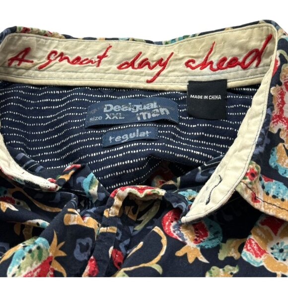 Desigual Man Button Down Shirt Colorful Tropical Elephant Artsy Size XXL Regular - Picture 7 of 10